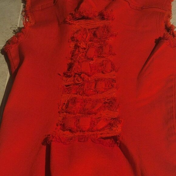 Aroma  Womens Red Sleeveless Pockets Button Fringe Jeans Vest Dress Size Small - Picture 5 of 7